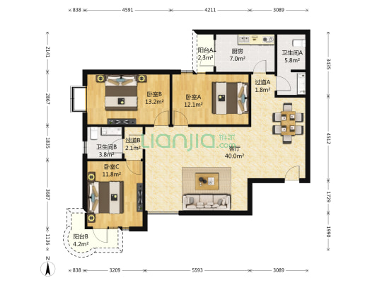 世纪颐园 3室1厅2卫 140平方