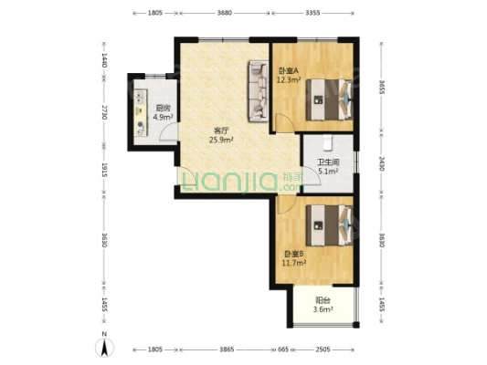 华阳路旁 联合七号院 94平南通通透满二两居 出售-户型图