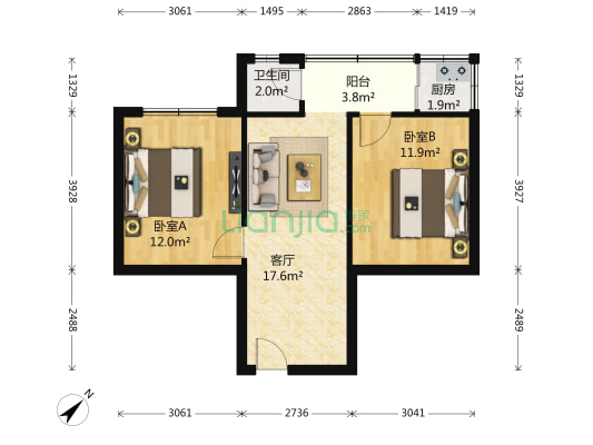 河滨佳苑 2室1厅1卫 55平方