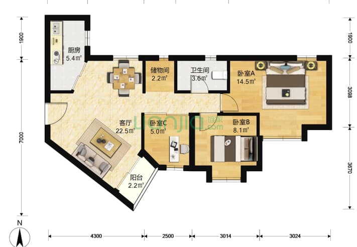 梅林一村十二区 3室1厅1卫 91 户型