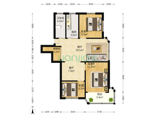 优抚园 3室2厅1卫 92平方