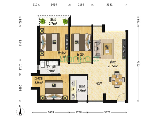 阳光第五季 3室1厅1卫 73平方