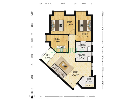 海悦华城 3室1厅2卫 89平方