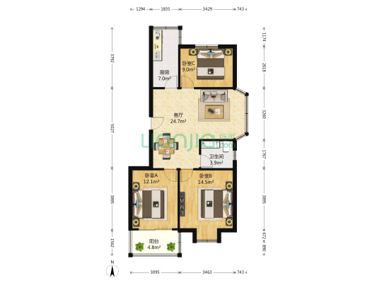 阅江花苑 3室1厅1卫 96平方