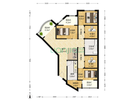 龙门公寓 5室1厅1卫 113平方
