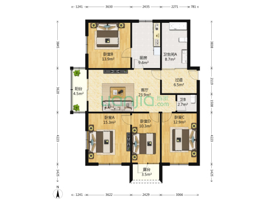 山屏花园 4室1厅2卫 124平方