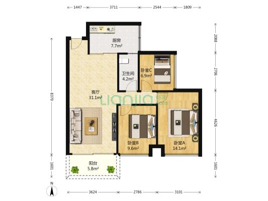 万象新天 3室1厅1卫 71平方