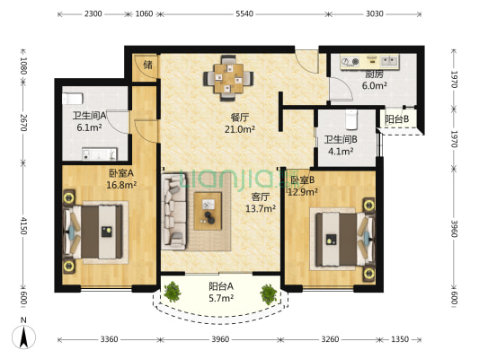 鑫国家园 2室2厅2卫 12平方
