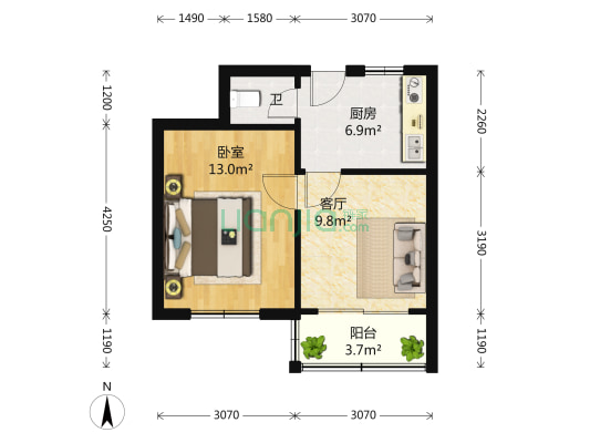东海二村 1室1厅1卫 44平方