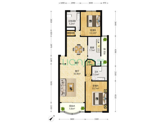 煜王苑 2室2厅2卫 106平方