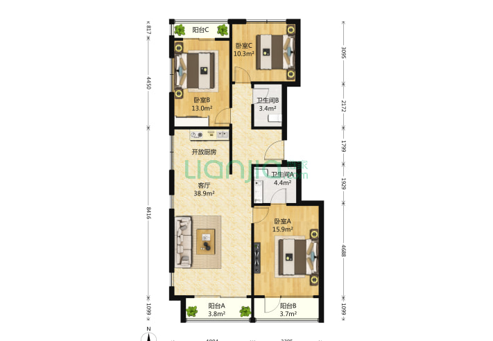 郦城二区 3室1厅2卫 122㎡ 户型