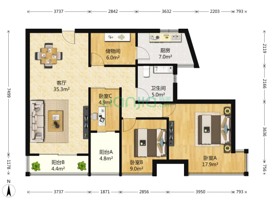 万达广场C区 3室1厅1卫 108平方