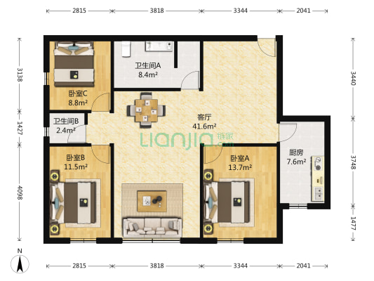 海信东篱公寓 3室1厅2卫 133平方