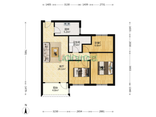 桃源新都孔雀城 3室1厅 南-户型图