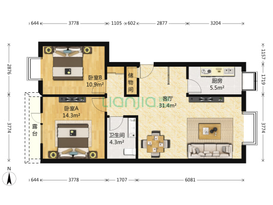 米兰花园 2室1厅1卫 97平方