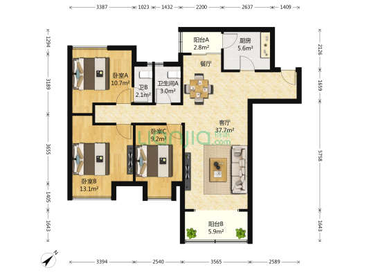 领馆国际城 3室1厅2卫 101平方