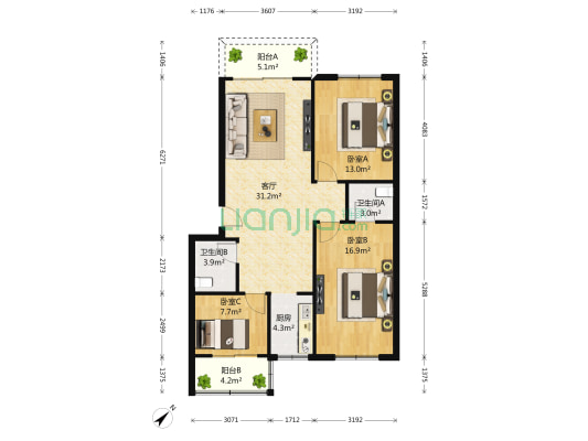 金龙商城一期 3室1厅2卫 104平方