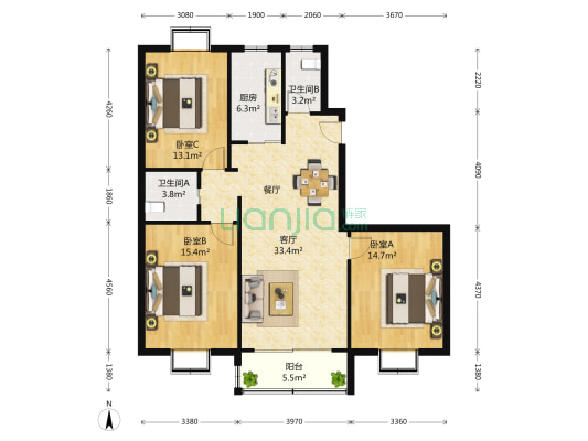 汇民轩 3室2厅2卫 139平方