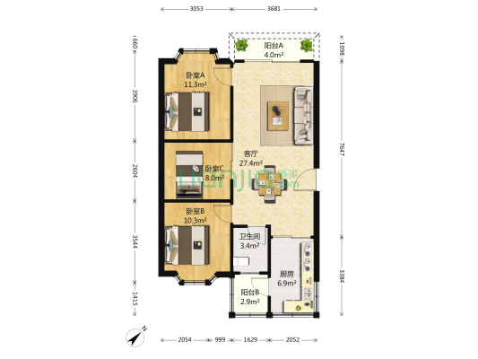 龙源大厦 3室1厅1卫 84平方