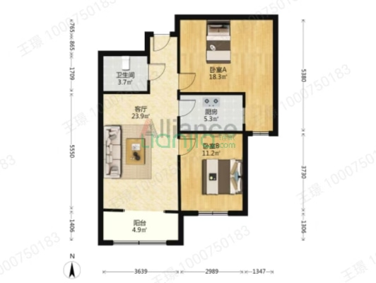 此房是全阳大两居，全天采光。客厅，卧室朝阳。-户型图
