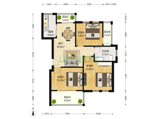 现代森林小镇 3室1厅1卫 97平方