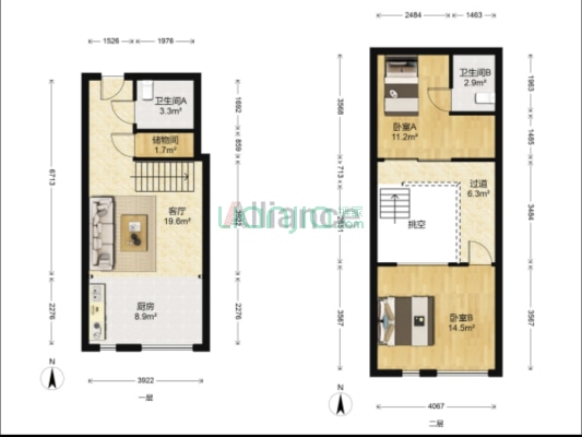 钻石复式精装修两居中高楼层拎包入住-户型图