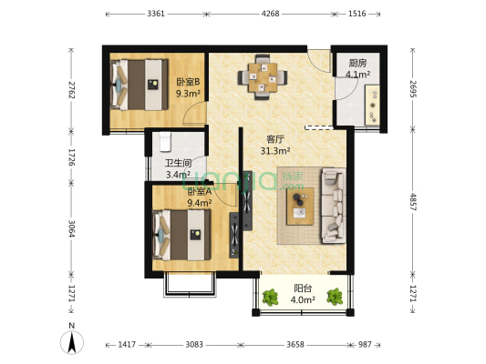 简筑家园 2室1厅1卫 87平方