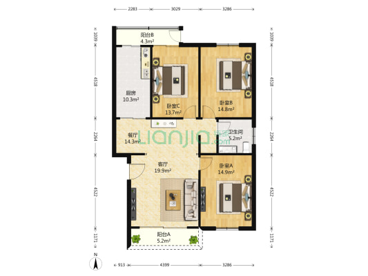 月牙湖花园 3室2厅1卫 124平方