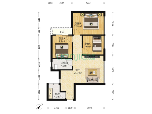 鼎科阿布阿布 3室1厅1卫 78平方