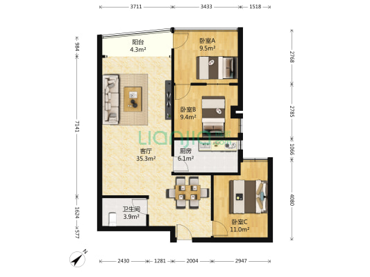 现代大厦 3室1厅1卫 104平方
