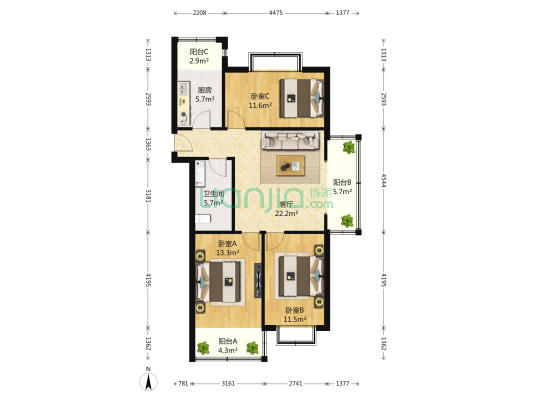 新海园品阁 3室1厅1卫 111平方