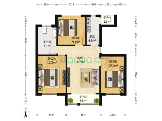 大地十二城翠杉园 3室1厅1卫 106平方