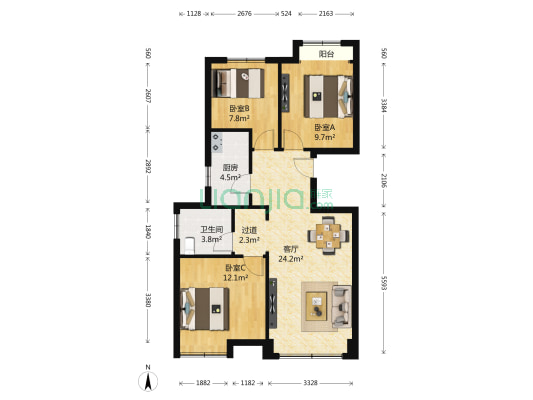京贸国际公馆东区 3室1厅1卫 91平方