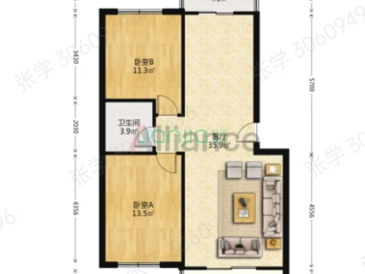 游福街小区南北通透大两居集中供暖-户型图