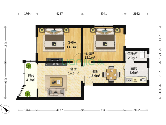 晨苑小区 2室2厅1卫 77平方