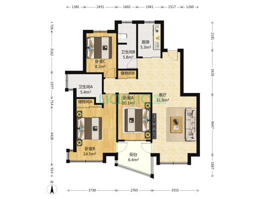 万兆家园(二期)(公寓) 3室1厅2卫 116平方