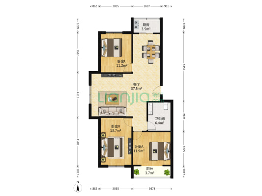 荷香园 3室1厅1卫 112平方