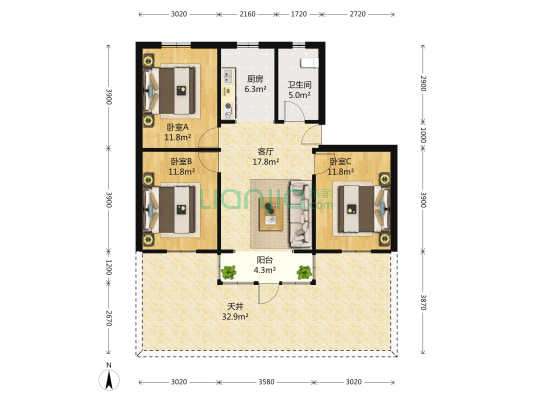 天宝恬苑 3室1厅1卫 94平方