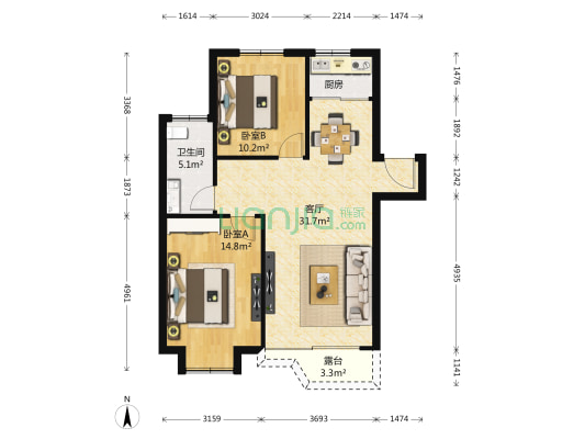 城市佳园 2室1厅1卫 88平方