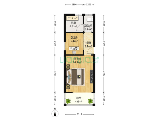 锁金村80号 2室0厅1卫 41平方