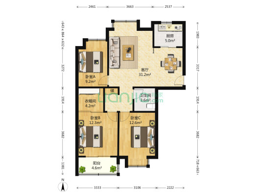 保利百合花园 3室1厅1卫 112平方