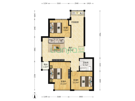 龙畔金泉五期K4区 3室1厅1卫 99平方