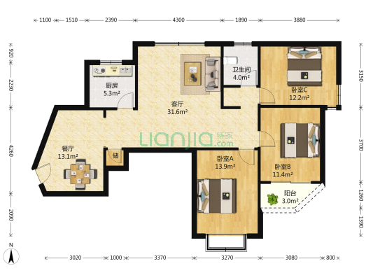 奎江公寓 3室2厅1卫 109平方