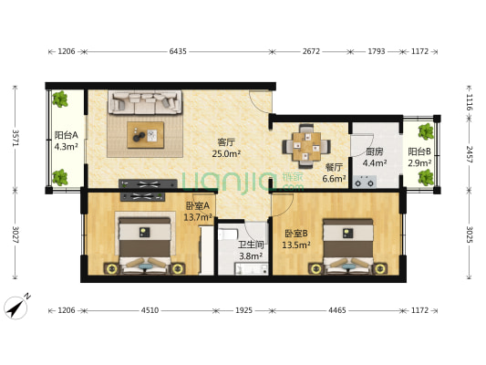 中山门南里 2室2厅1卫 98平方