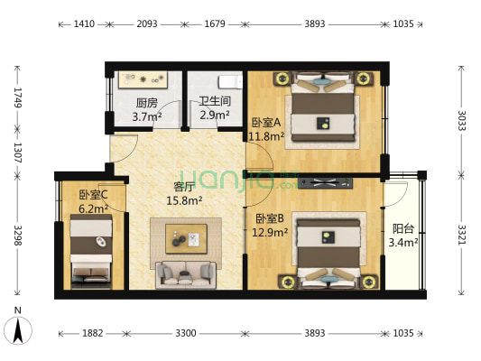 延安一路（啤酒街） 3室1厅1卫 79平方