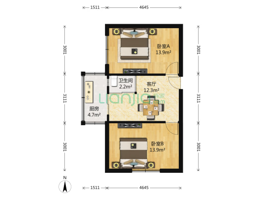 取意小区 2室1厅1卫 63平方