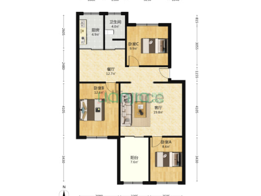 新安小区 3室2厅 南 北-户型图