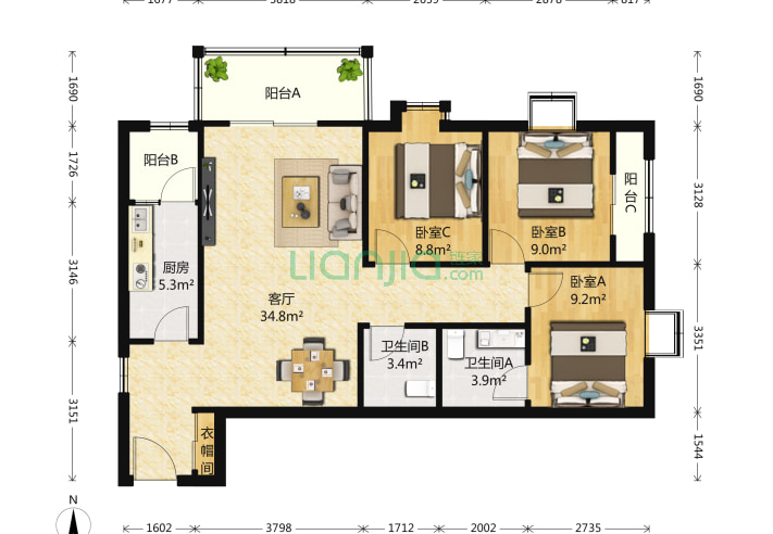 3室1厅2卫110.3㎡-北京润景家园户型图