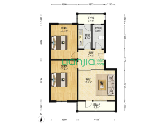 华北铝业南院生活小区 3室2厅 南 北-户型图