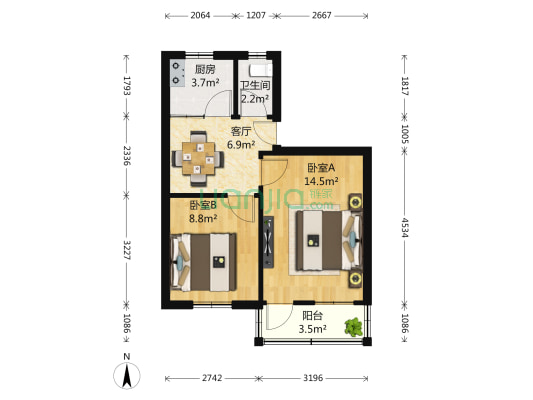 蒋王庙街 2室1厅1卫 54平方